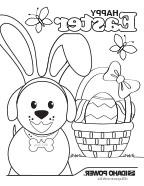 Image of a coloring page with a dog and an Easter basket on it